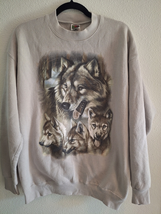 Fruit of the Loom Sweaters - Vintage Fruit of the Loom Light Gray Wolf Family Crewneck